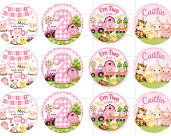 May include: A set of twelve circular stickers featuring farm-themed birthday designs. The graphics include a pink barn, a pink tractor, a large number two, and cartoon animals like a pig, sheep, cow, and chick, with text including Happy Birthday.