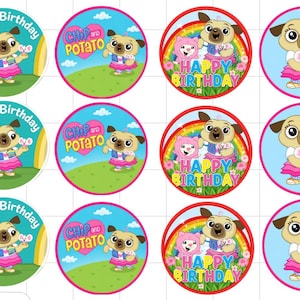 May include: A sheet of twelve circular stickers featuring Chip and Potato characters. The designs include Chip the pug in a pink skirt, the text "Happy Birthday," and "Chip and Potato" with a pink heart, set against colorful backgrounds.