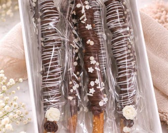 Caramel Wrapped Chocolate Covered Pretzel Rods, Gourmet Pretzel Sticks, Thank You Party Favors, Small Business Gifts, Custom Chocolate Treat