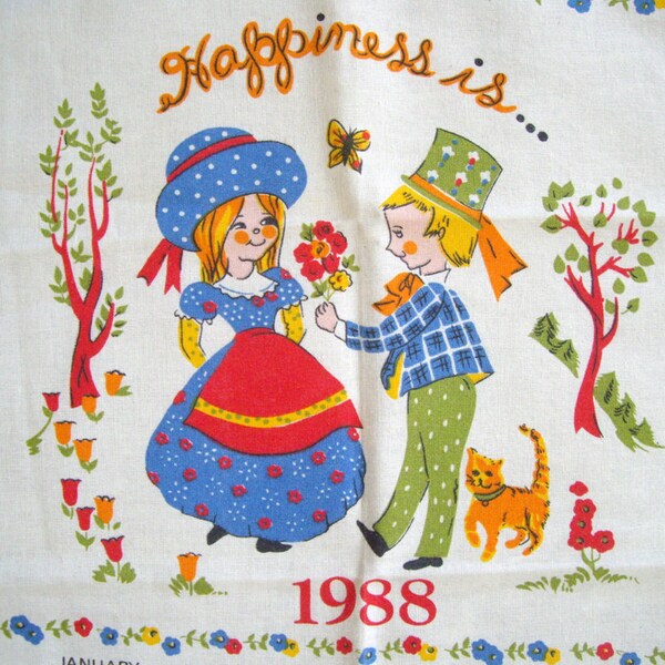 1988 Happiness Is Calendar Tea Towel, Boy Courting Girl with Orange Ginger Tabby Cat, Pillow Fabric, Wall Hanging