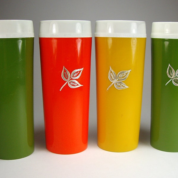 Vintage Drink Tumbler Set of Four, Thermalware, Orange, Yellow, Green with Silver Leaf