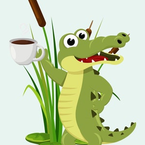 May include: A cartoon green crocodile with a toothy grin holds a white coffee cup in one hand and has the other hand on its hip. The crocodile is standing in a blue puddle with green lily pads and reeds.