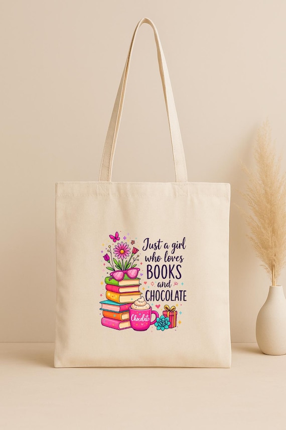 Book Lover Tote Bag Gift, Books and Chocolate Tote, Reader Gift, Funny Bookish Tote