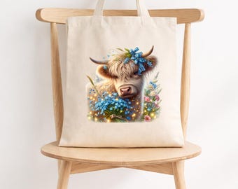 Floral Highland Cow Shopper, Rustic Farmhouse Carryall, Cute Country Accessory, Cottagecore Market Tote, Birthday Present