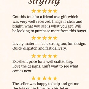 May include: Image with text "WHAT FOLKS ARE saying" and customer reviews. Reviews mention a tote bag, clear images, and fast delivery. The reviews are accompanied by gold star ratings.