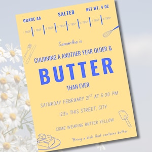 Butter Theme Birthday Invitation, Canva Template (Digital Invite)