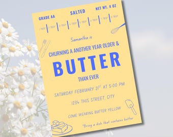 Butter Theme Birthday Invitation, Canva Template (Digital Invite)