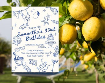 Coastal Birthday Invitation: Minimalist Amalfi Theme (Editable Template, Digital Download