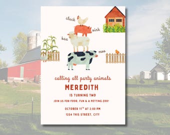 Farm Animal Birthday Invitation Template: Party Animals Theme (Digital Download)