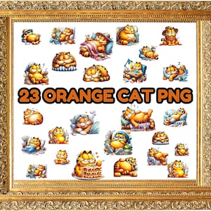 May include: 23 orange cat PNG images featuring a cartoon cat in various poses and expressions. The cat is wearing a variety of outfits, including a chef's hat, a Santa hat, and a crown.