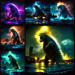 以下が含まれることがあります： ゴジラのようなモンスターが異なるポーズで、異なる色の炎を上げて描かれたデジタルアートのコラージュ。モンスターは、建物と水のある都市のシルエットの前に立っている。