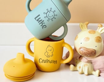 Personalized Sippy Cup handles Soft Spout | Custom Toddler Training Cup | Silicone Baby Cup | Customized 1st Birthday Gift | Cup Name Labels