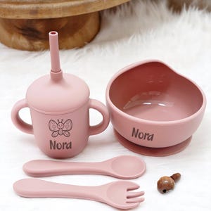 May include: A pink baby feeding set including a sippy cup with a butterfly design, a bowl, a spoon, and a fork. The name "Nora" is printed on the cup and bowl. The set is made of silicone.