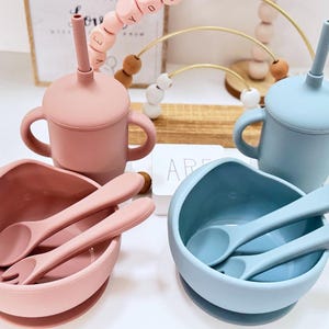 May include: A baby feeding set in pink and blue. The set includes two sippy cups with handles and straws, two bowls with spoons and forks, and a wooden bead toy. The items are made of silicone.