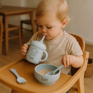 May include: A pale blue baby feeding set, including a cup, bowl, spoon, and fork. The cup and bowl feature the name "Tate" and an elephant design. The set is made of a soft, flexible material.