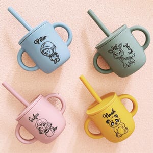 Personalized Sippy Cup with handle,Engraved Sippy Cup,Custom Silicon Cup with Straw,Baby Sippy Cup,Toddler Training Cup,Baby Shower Gift