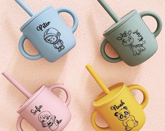 Vaso con boquilla personalizado con asa, vaso con boquilla grabado, vaso de silicona personalizado con pajita, vaso con boquilla para bebé, vaso de entrenamiento para niños pequeños, regalo para baby shower.