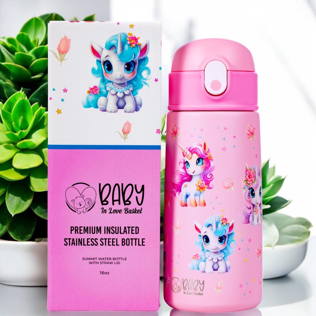 Personalized Kids Unicorn Water Bottle With Straw, Pink Stainless Steel ...