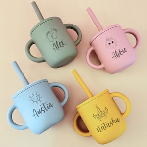 Personalized Sippy Cup with Straw | Custom Toddler Training Cup | Silicone Baby Cup | Customized 1st Birthday Gift | Cup Name Labels Engrave
