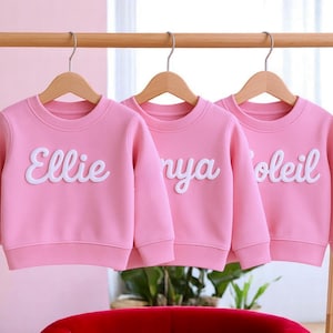Gepersonaliseerde sweater voor peutermeisjes, babysweater met bladerdeeg reliëf, peutertrui in kauwgomroze, jeugdsweater cadeau