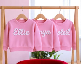 Moletom personalizado para meninas pequenas, moletom infantil com estampa em relevo, modelo pulôver rosa chiclete, nome estampado em relevo, algodão orgânico.