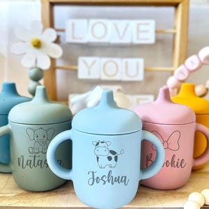 Pode incluir: Quatro copos de treinamento de silicone personalizados com tampas. Os copos s&atilde;o azuis, verdes, rosa e amarelos. Cada copo tem um design de animal diferente e um nome na frente. Os nomes s&atilde;o Joshua, Natas, Brookie e um quarto nome que n&atilde;o &eacute; vis&iacute;vel.