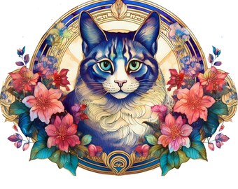 Beautiful Cat, Art Nouveau, Printable design, Cat lovers, PNG, DIY Printing