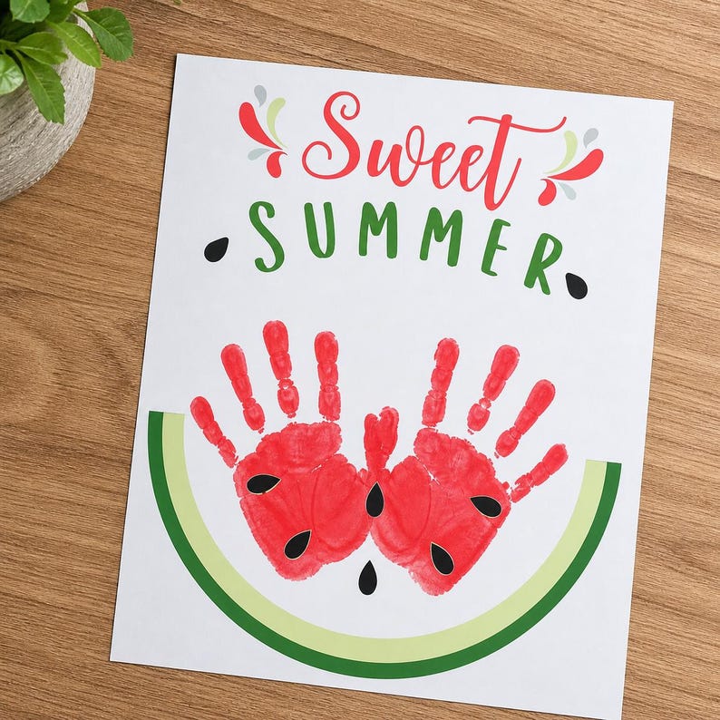 Może przedstawiać: Biała kartka z motywem arbuza. Projekt zawiera dwa czerwone odciski dłoni z czarnymi nasionami, zieloną sk&oacute;rkę oraz napisy "Sweet SUMMER" w czerwonej i zielonej czcionce.