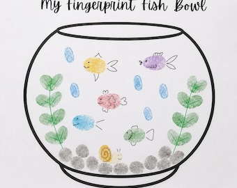May include: A white paper sheet featuring a black outline of a fish bowl with the text My fingerprint fish Bowl at the top. Inside the bowl are colorful fingerprint art designs of fish, a snail, green plants, and blue bubbles on the bottom.
