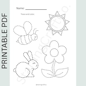 May include: A printable PDF worksheet with dotted lines for tracing and coloring. The worksheet features a bee, sun, flower, and bunny. Text includes "Name:" and "Trace and color."