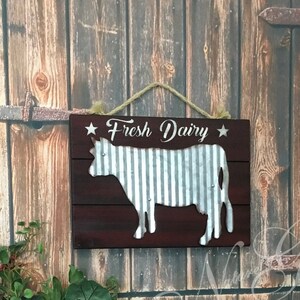 Fresh Dairy Cow Sign, Rustic Farmhouse Kitchen Wall Decor, Cow Lovers Gift for Dairy Farmer, Cowboy Barn Wall Decor