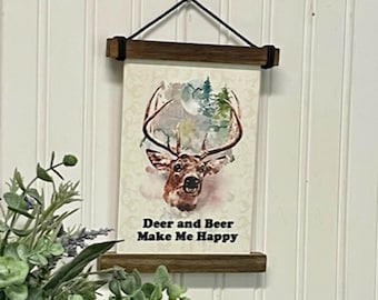 Hunting Sign for Deer Hunter and Beer Drinker, Deer and Beer Make Me Happy, Rustic Hunting Lodge Wall Decor, Gift for Hunter