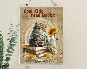 Cool Kids Read Books Framed Wall Art for Children, Cat and Books Reading Poster Classroom Wall Decor, Child's Bedroom Sign