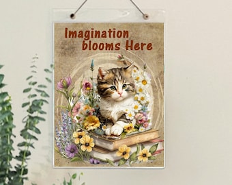 Imagination Blooms Here Reading Wall Decor for Children, Kitten on Books Poster for Kids Room, Library Reading Corner Nook