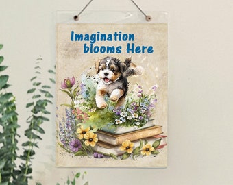 Imagination Blooms Here Kids Reading Nook Art Print, Cute Puppy Art for Kids Bedroom, Library Wall Art for Children