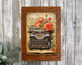 Victorian Vintage Typewriter with Roses Art Print, Retro Office Wall Decor, Canvas on Wood Sign Gift for Writer