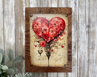 Steampunk Heart and Roses Art Print, Victorian Romantic Wall Decor, Canvas on Wood Sign Gift for Her