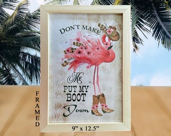 Framed Cowgirl Flamingo Wall Art, Don't Make Me Put My Boot Down, Western Boho Cowgirl Poster Print, Girls Bedroom Dorm Decor