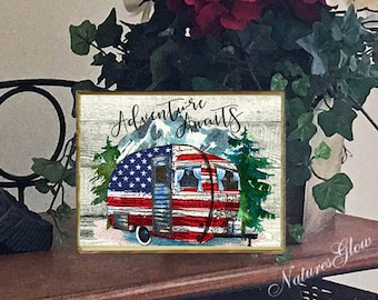 Patriotic Camping Sign, Adventure Awaits Wood Shelf Sitter, RV and Trailer Decor