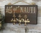 Nautical Wall Hooks Wood Sign, Anchor Brass Hooks and Key Holder, Ship and Boat Decor, Coastal Key Rack