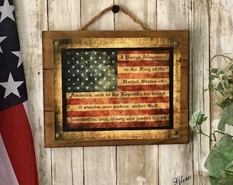 Pledge of Allegiance Rustic Sign, Patriotic Home Decor, Wood American Flag Canvas Wall Art, Veterans Gift, Memorial Day, 4th of July Signs