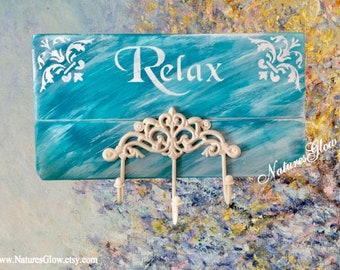 Relax Sign with Fleur de lis Wall Hooks, French Country Cottage Decor, Shabby Chic Bathroom Decor, French Provincial Entryway Key Holder