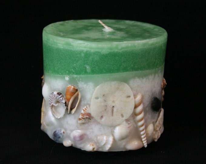 Seashell Candle Round Pillar Candle With Sea Shells Beach Decor Green