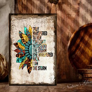 I am the Storm Sign, Retro Aztec Sunflower Decor, Southwestern Decor, They Whispered to Her Rustic Canvas Art Print Wood Sign image 8