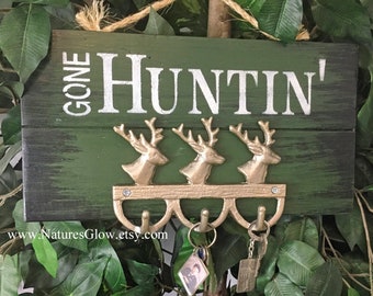 Gone Hunting Deer Sign, Key Holder Gift for Him,  Rustic Hunting Cabin and Lodge Decor for Hunter