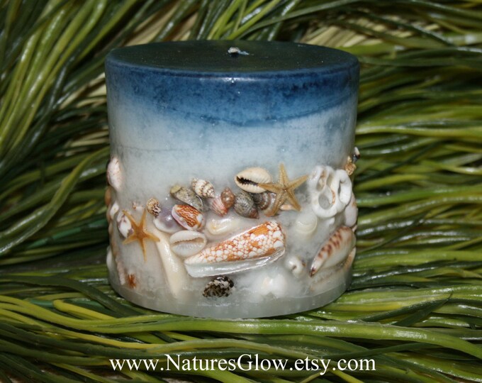 Seashell Candle Round Pillar Candle With Sea Shells Beach Decor Blue