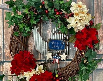 Patriotic Wreath with Rooster for Front Door, Stars and Stripes Farmhouse Rooster Decor, Hydrangea Grapevine Wreath