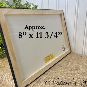 May include: A framed canvas print with a black frame and a white background. The print says "Approx. 8" x 11 3/4"".