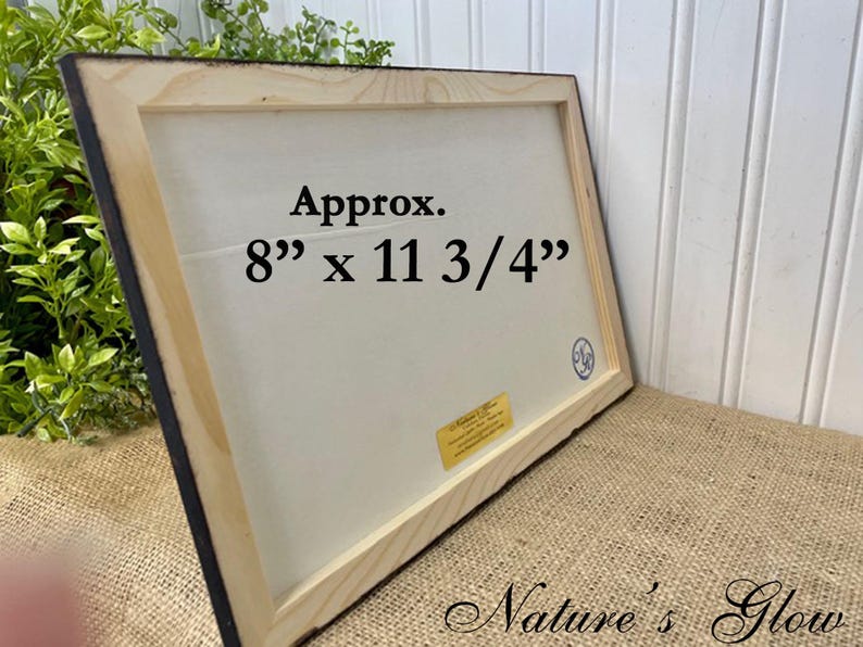 May include: A framed canvas print with a black frame and a white background. The print says "Approx. 8" x 11 3/4"".