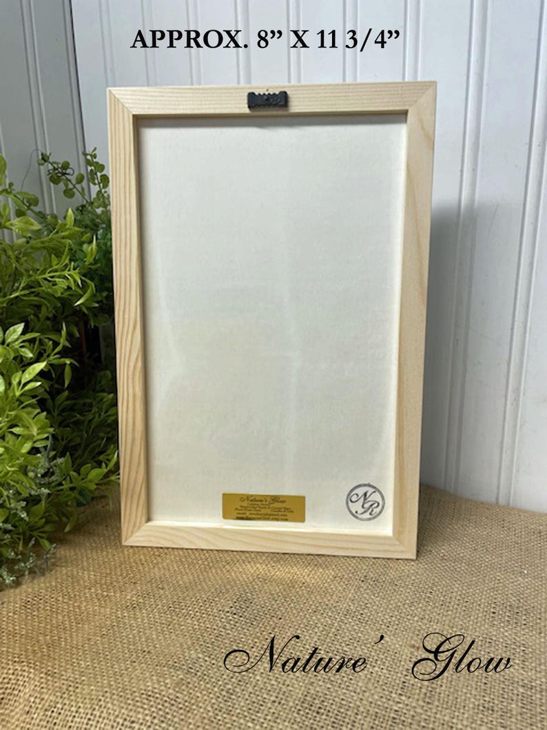 May include: A framed print with a white background and a wooden frame. The print is approximately 8 inches by 11 3/4 inches. The frame has a small metal hanger on the back. The print has a gold label with the text "Nature's Glow" and a black and white circle with the letters "N.G."